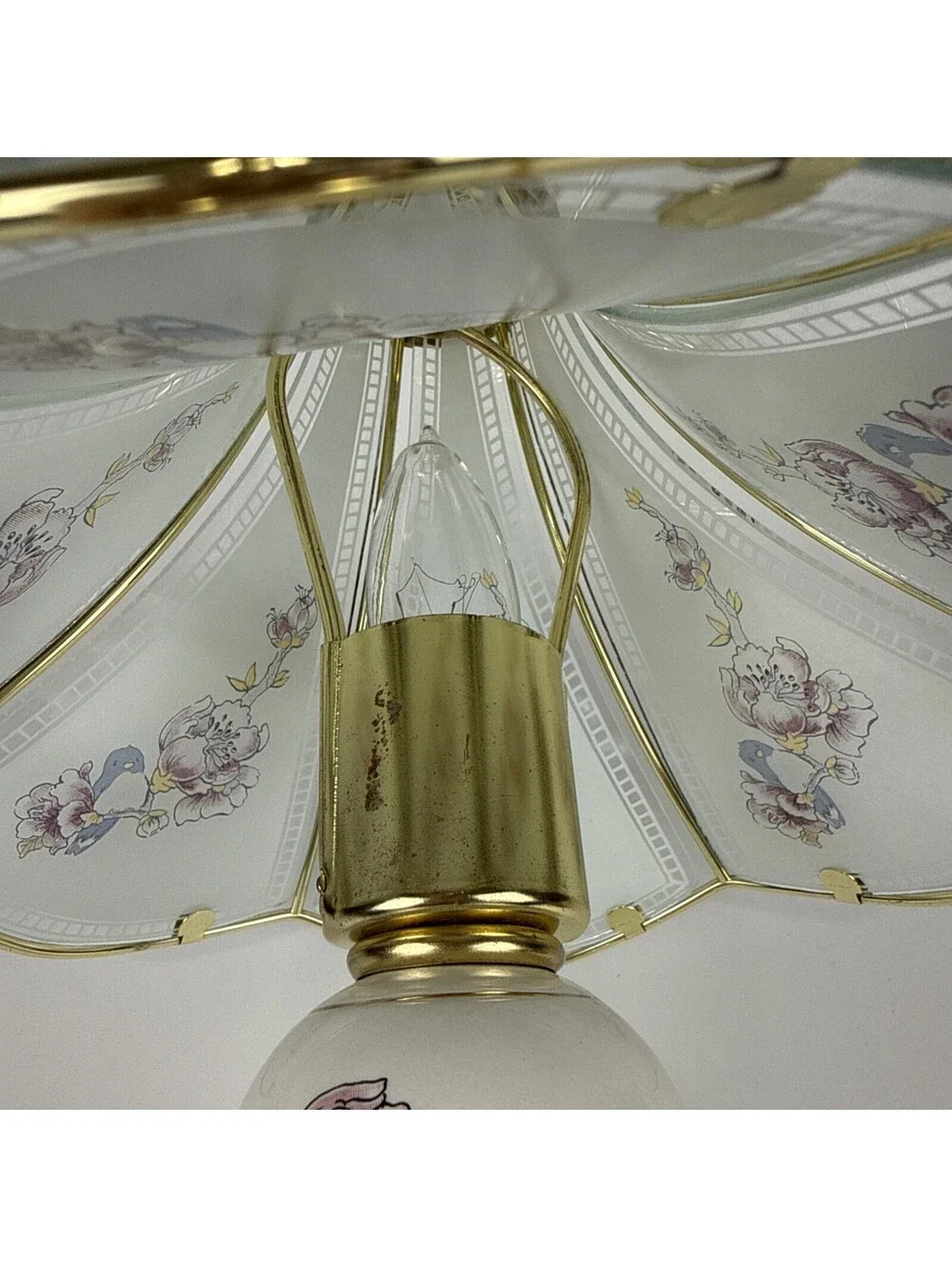 Vintage 3 Way Touch Lamp 6 Panel Glass Blue Bird Floral Brass Table Light 16x10
